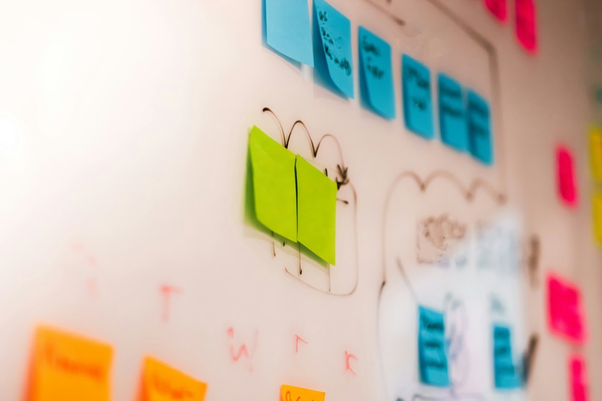 Sticky notes and hand-drawn shapes on a whiteboard, shallow focus.